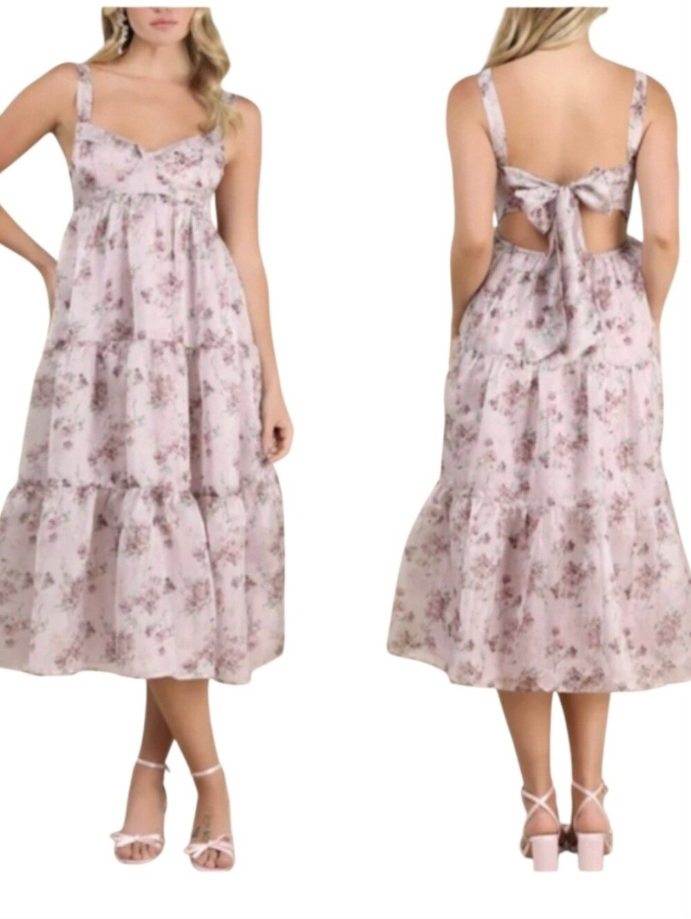Lulus Marvelously Darling Mauve Floral Tiered Backless Midi Dress Cottagecore S